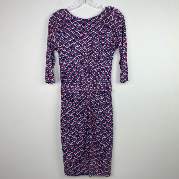 Boden Harper Stretch Knit Faux Wrap Day Dress blue cream pattern size 6 - Picture 8 of 12